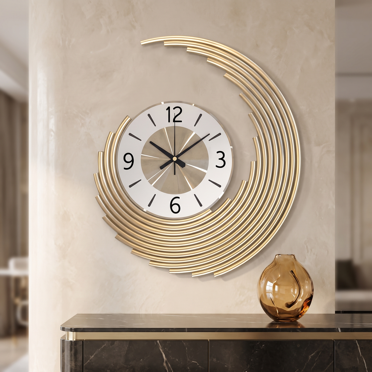 Modern 3D Metal Crescent Wall Clock 46 cm in a modern luxury interior