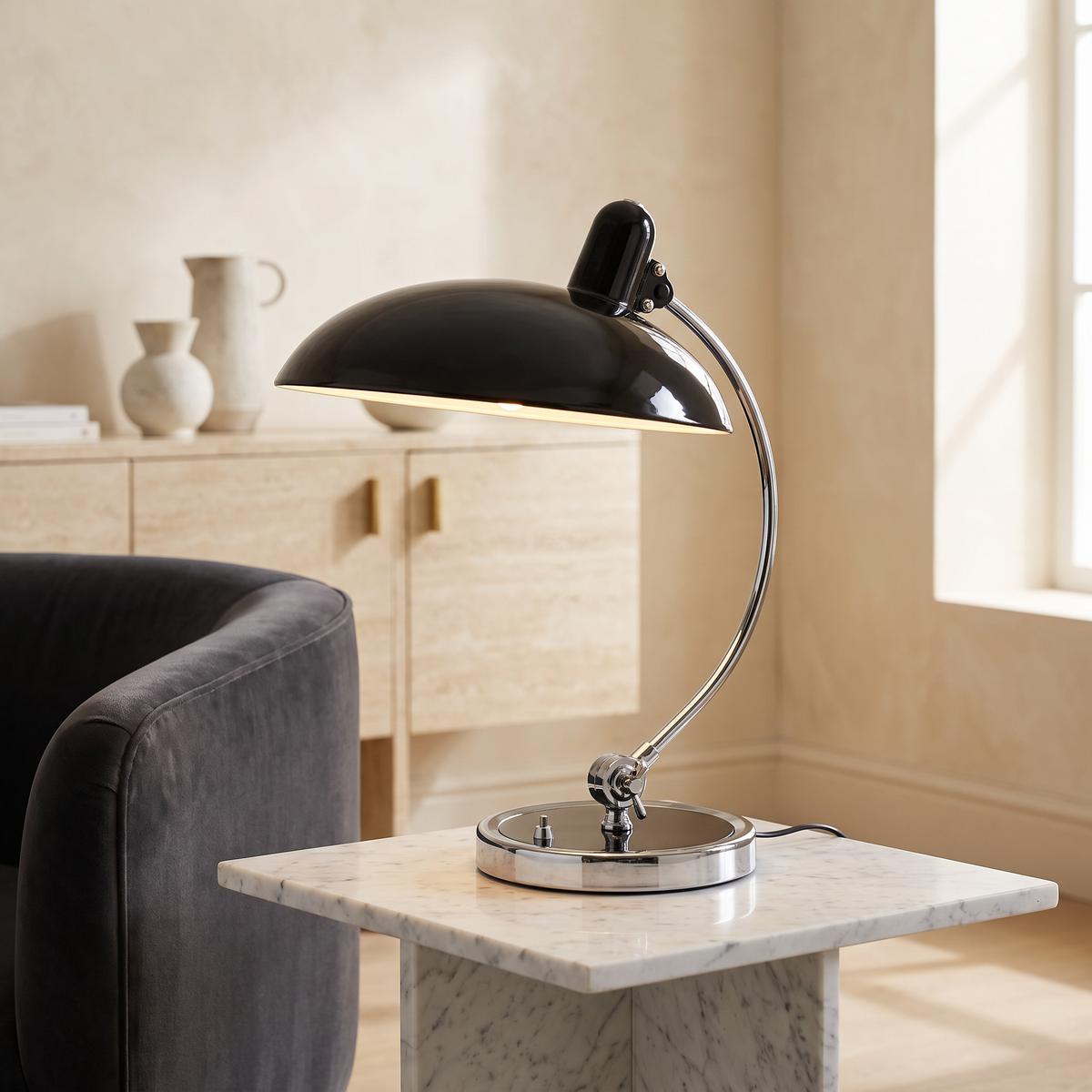 ScandiArc Curved Metal Table Lamp with Domed Shade