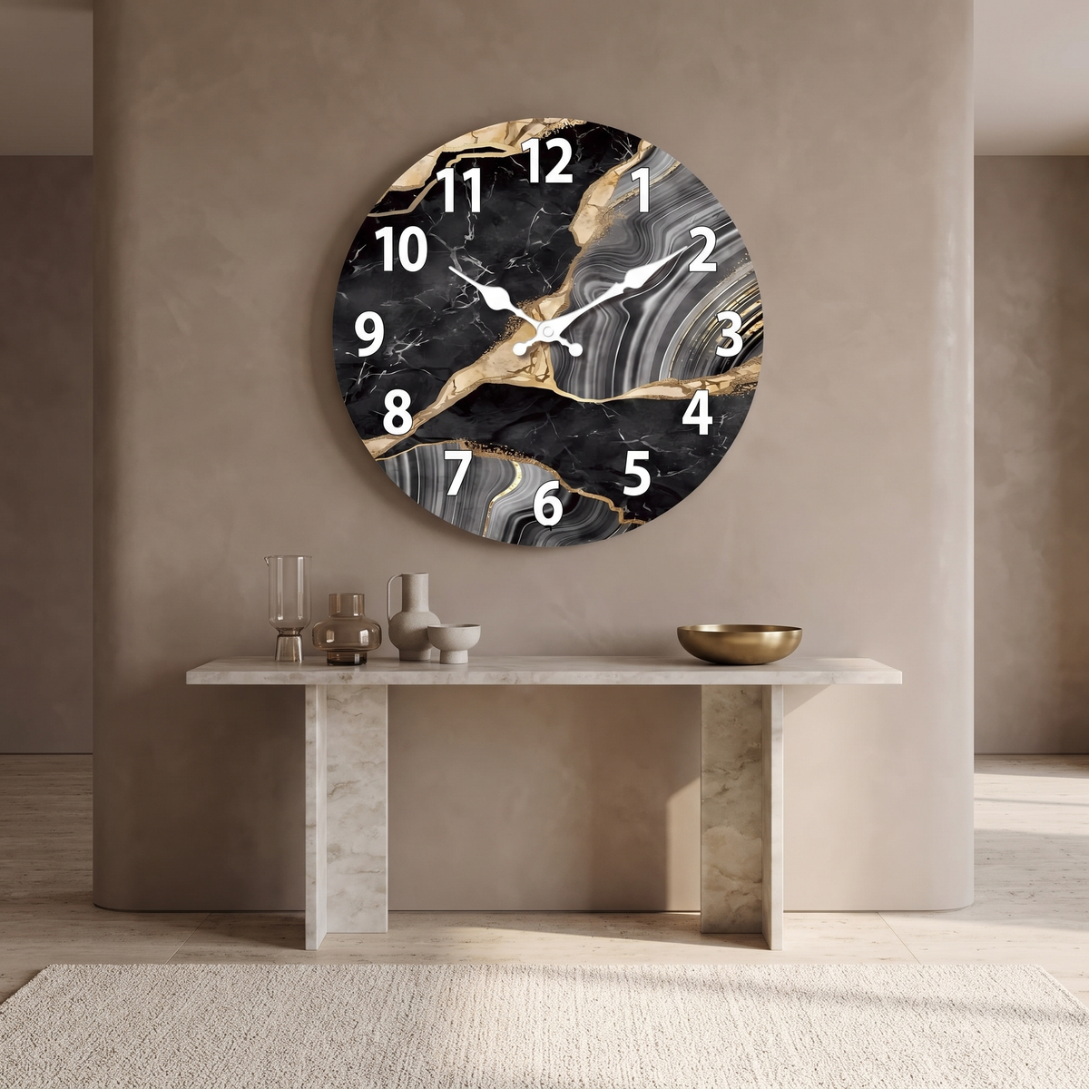 MarbellaTime Round Wooden Wall Clock with Marble Pattern