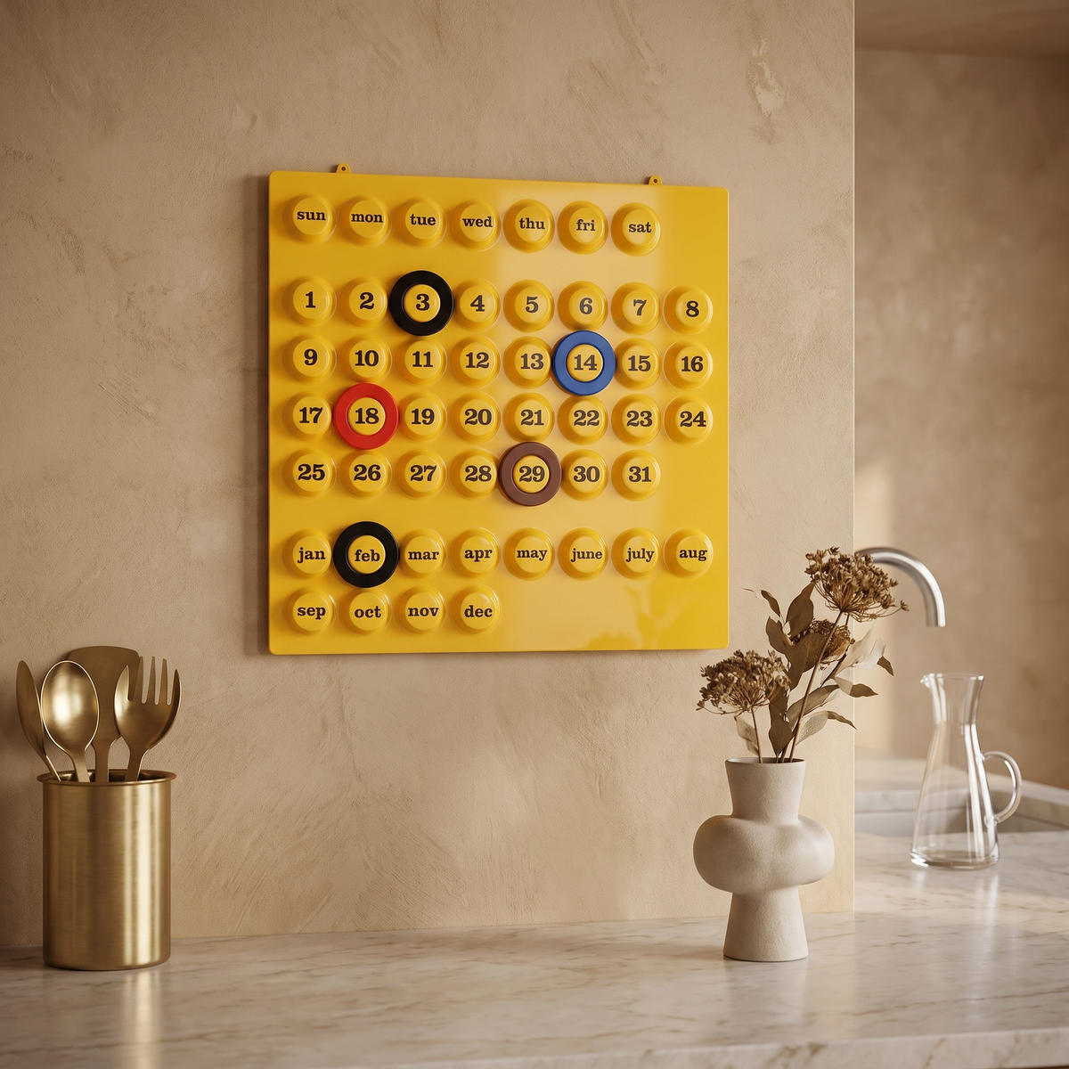 Retro Ring A Date Perpetual Wall Calendar – Yellow