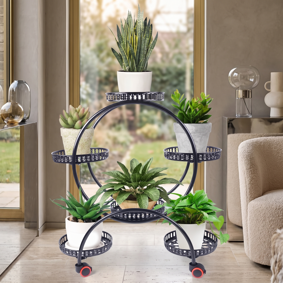 Six Tier Metal Plant Stand with Wheels – Black