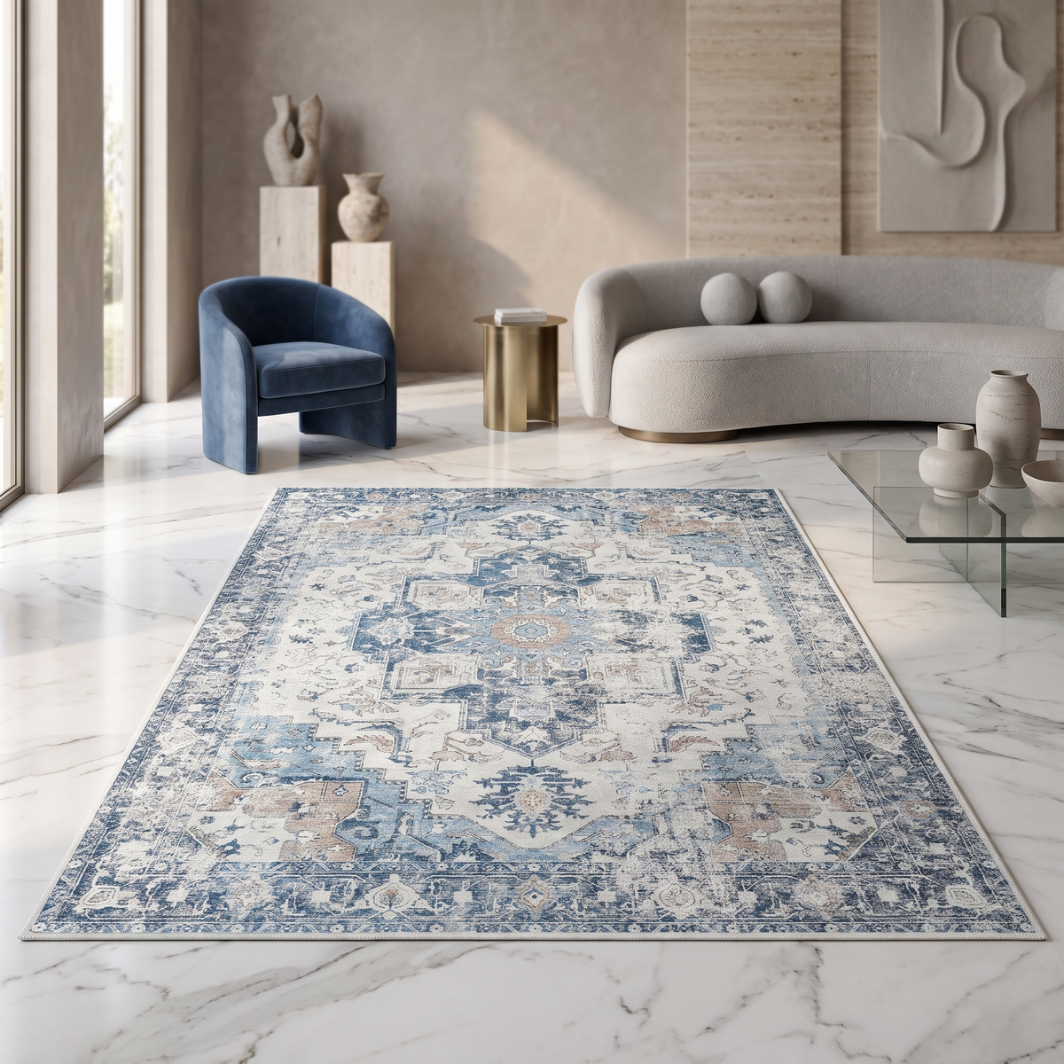 Heritage Medallion Oriental Style Area Rug – Blue