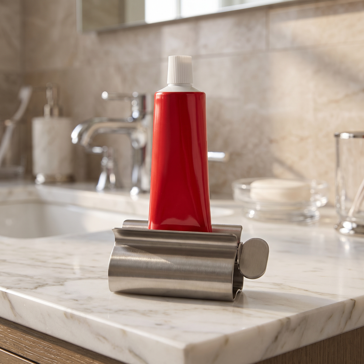 Stainless Steel Toothpaste Tube Wringer – Medium, rolling up a red toothpaste tube