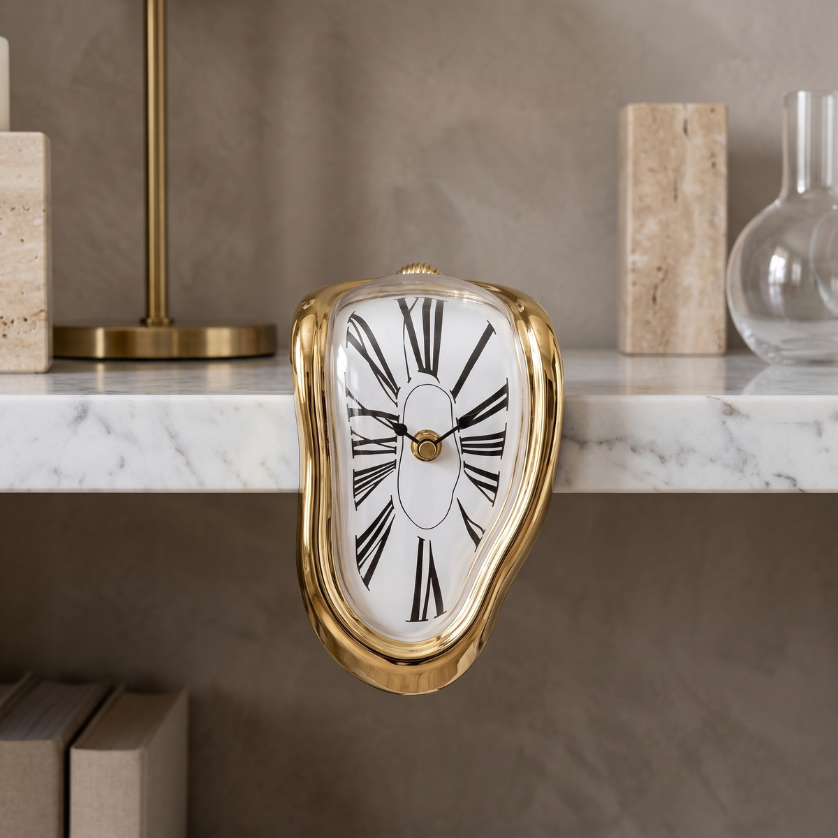 Surrealist Melting Clock for Shelf and Table – Gold