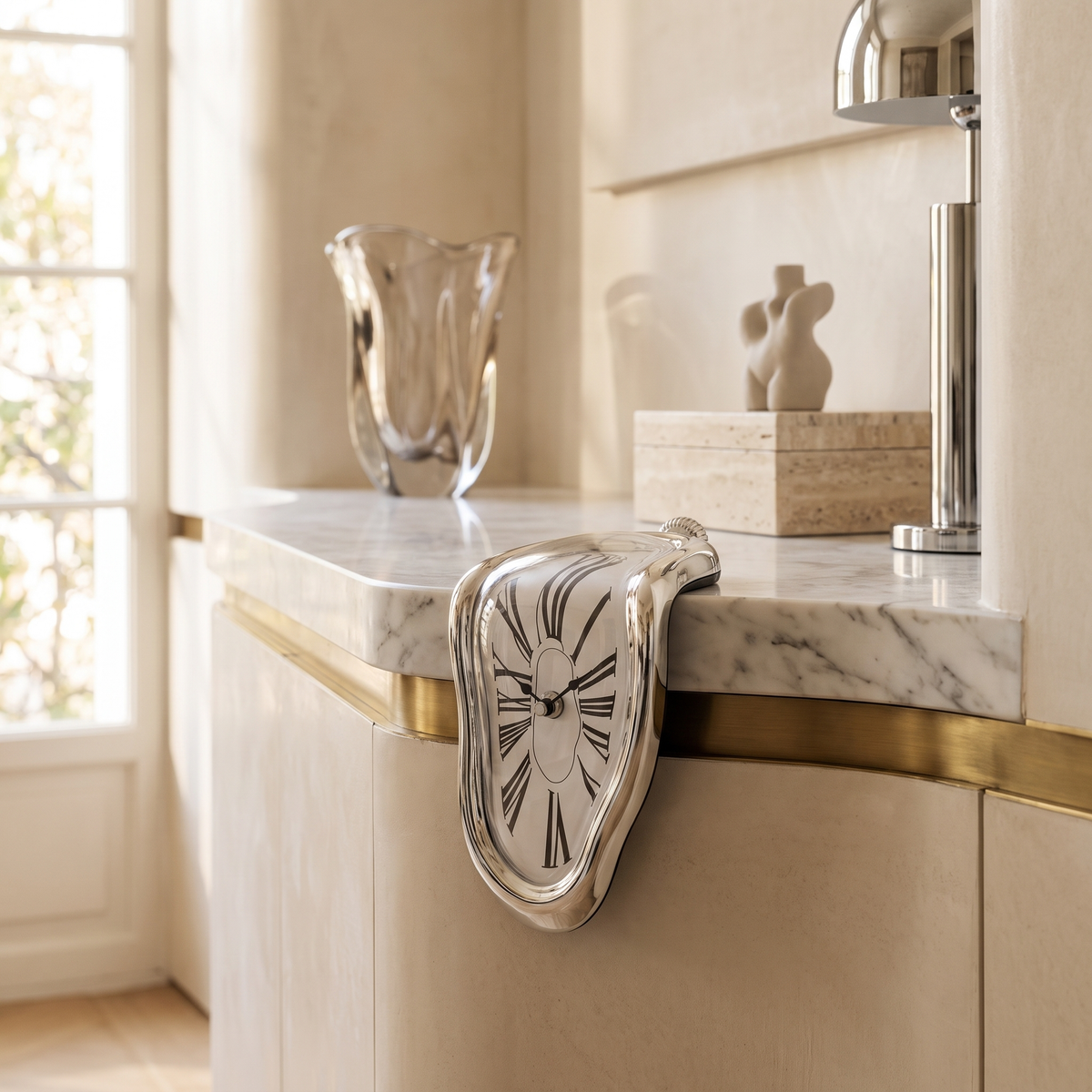 Surrealist Melting Clock for Shelf and Table – Silver