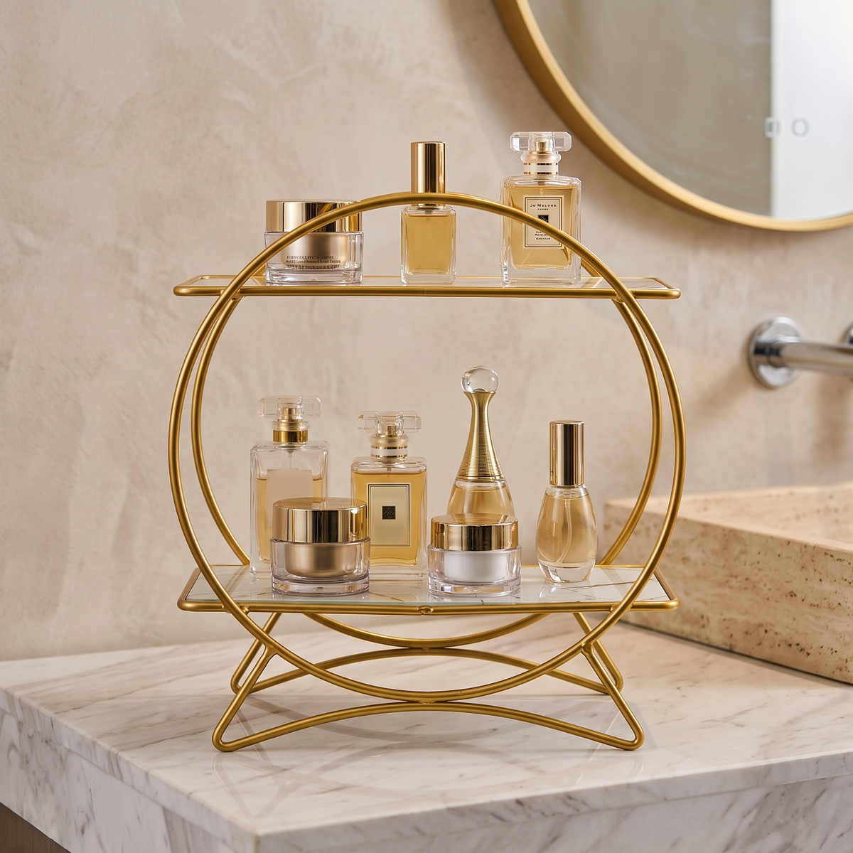 Two Tier Bathroom Organiser with Cat Ear Base – Gold White