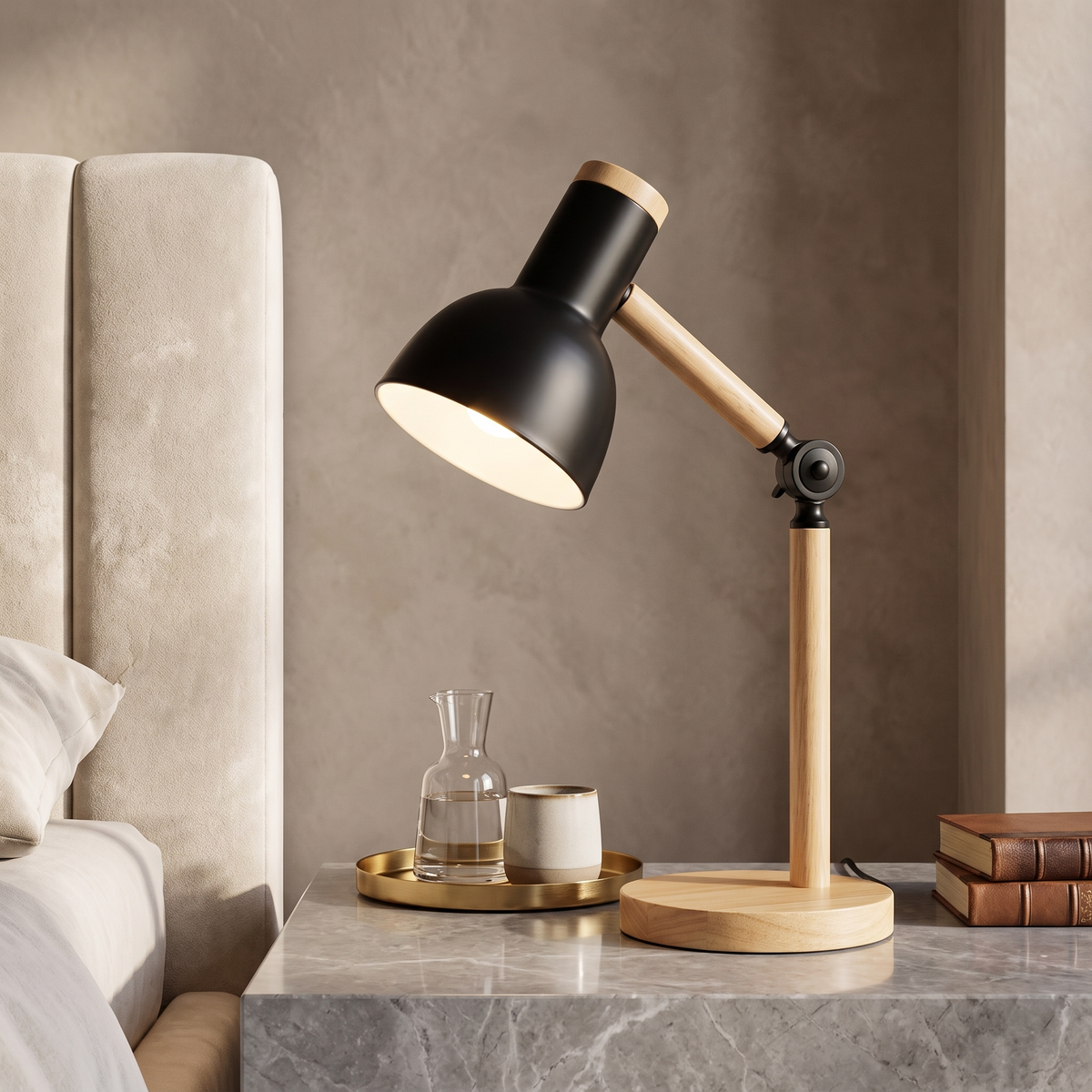 Nordic Wooden Desk Lamp with Adjustable Metal Shade – Black