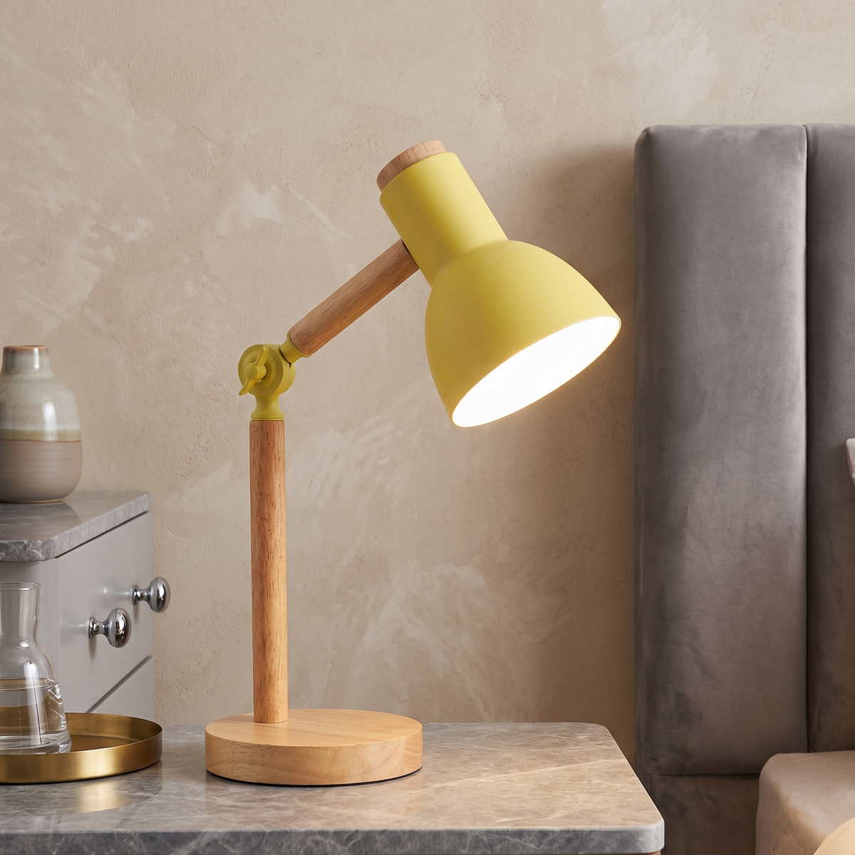 Nordic Wooden Desk Lamp with Adjustable Metal Shade – Yellow