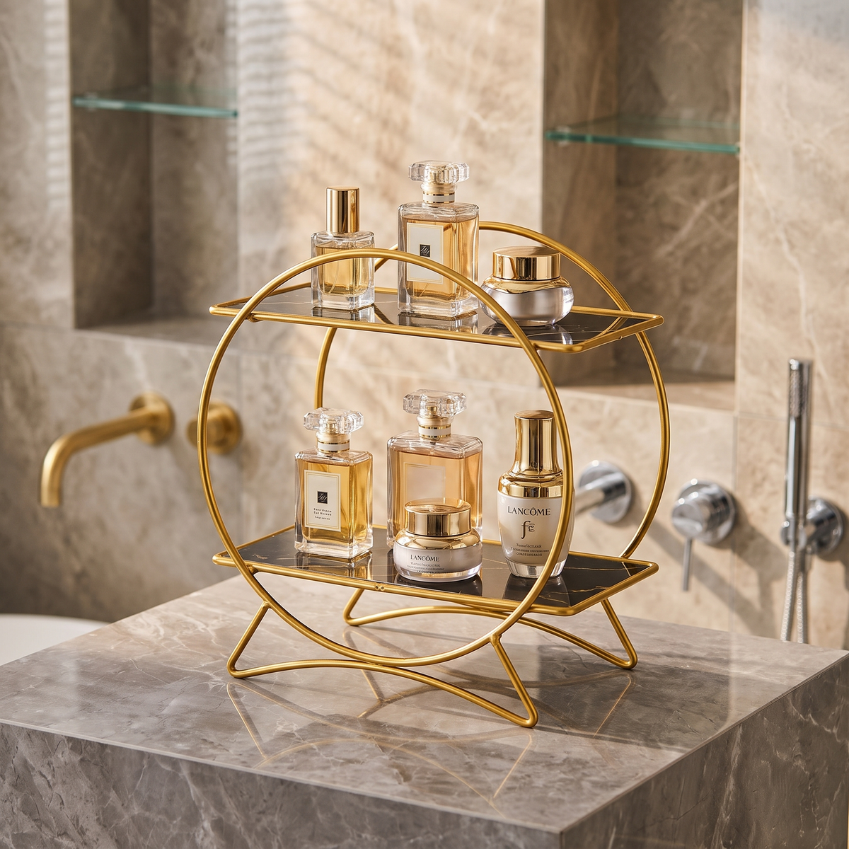 Two Tier Bathroom Organiser with Cat Ear Base – Gold Black