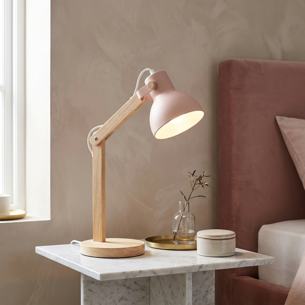 Nordic Wooden Desk Lamp with Adjustable Metal Shade – Pink