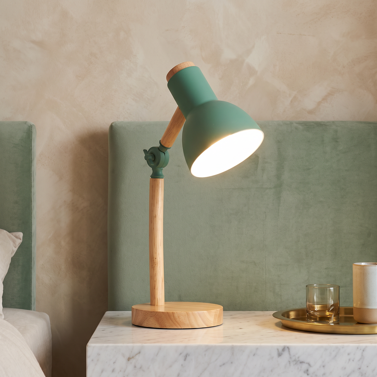 Nordic Wooden Desk Lamp with Adjustable Metal Shade – Green