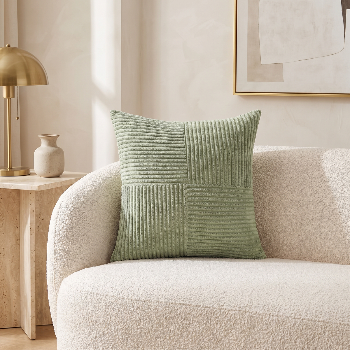 Corduroy Cushion Cover with Striped Texture – Light Green