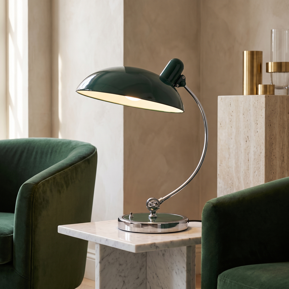 ScandiArc Curved Metal Table Lamp with Domed Shade – Green