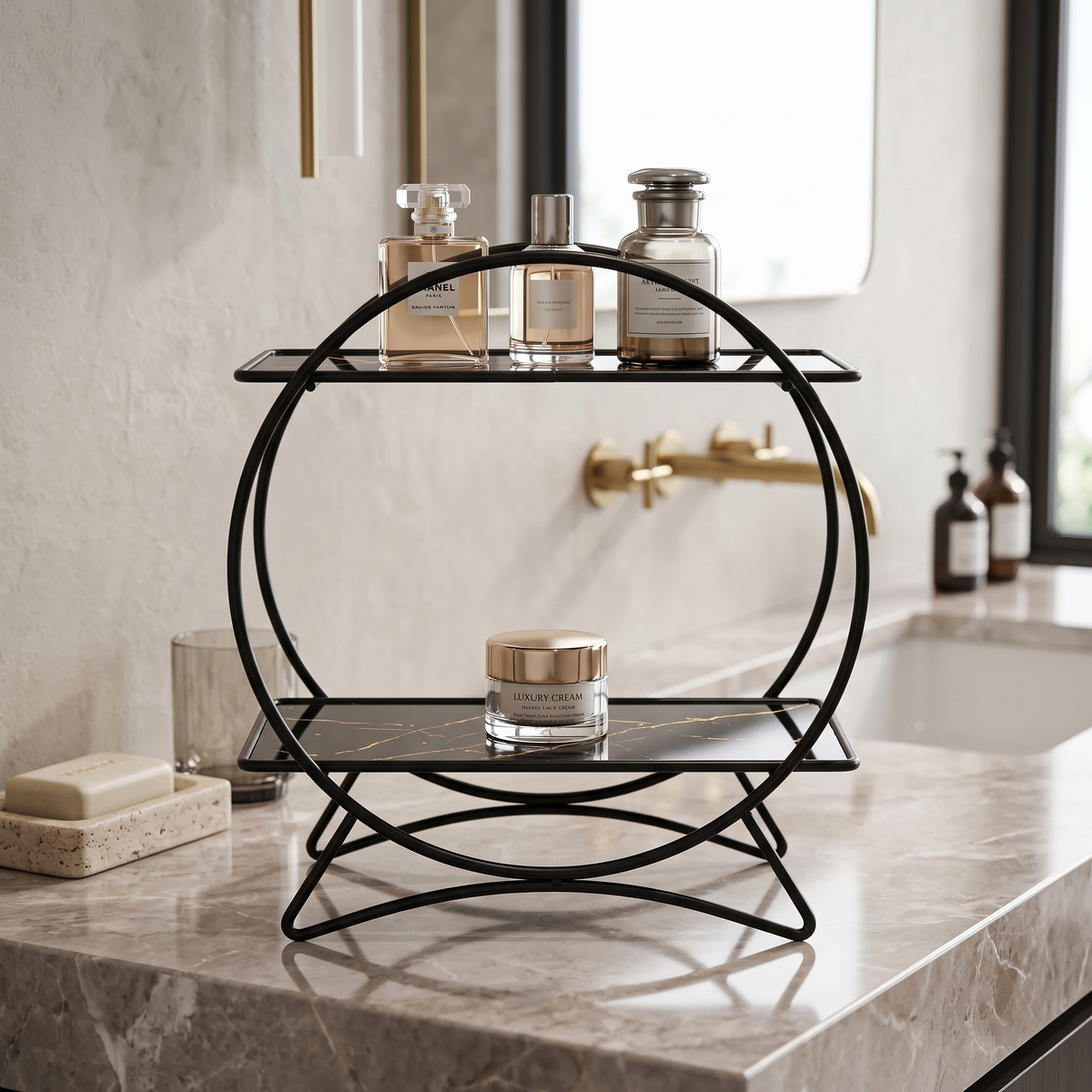 Two Tier Bathroom Organiser with Cat Ear Base – Black Marble