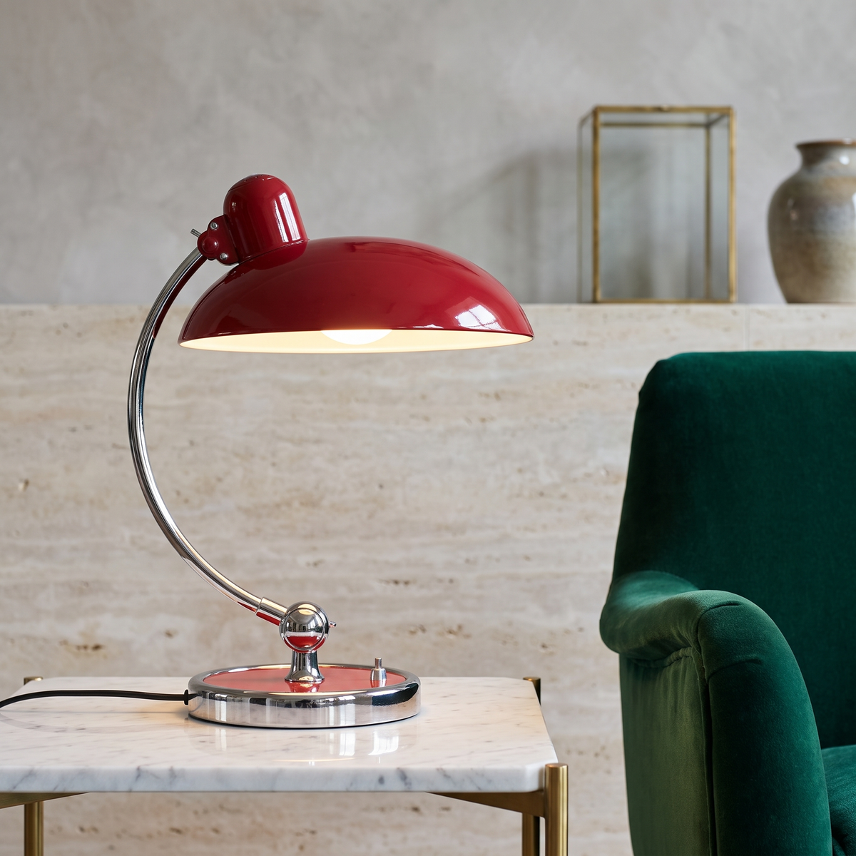 ScandiArc Curved Metal Table Lamp with Domed Shade – Red
