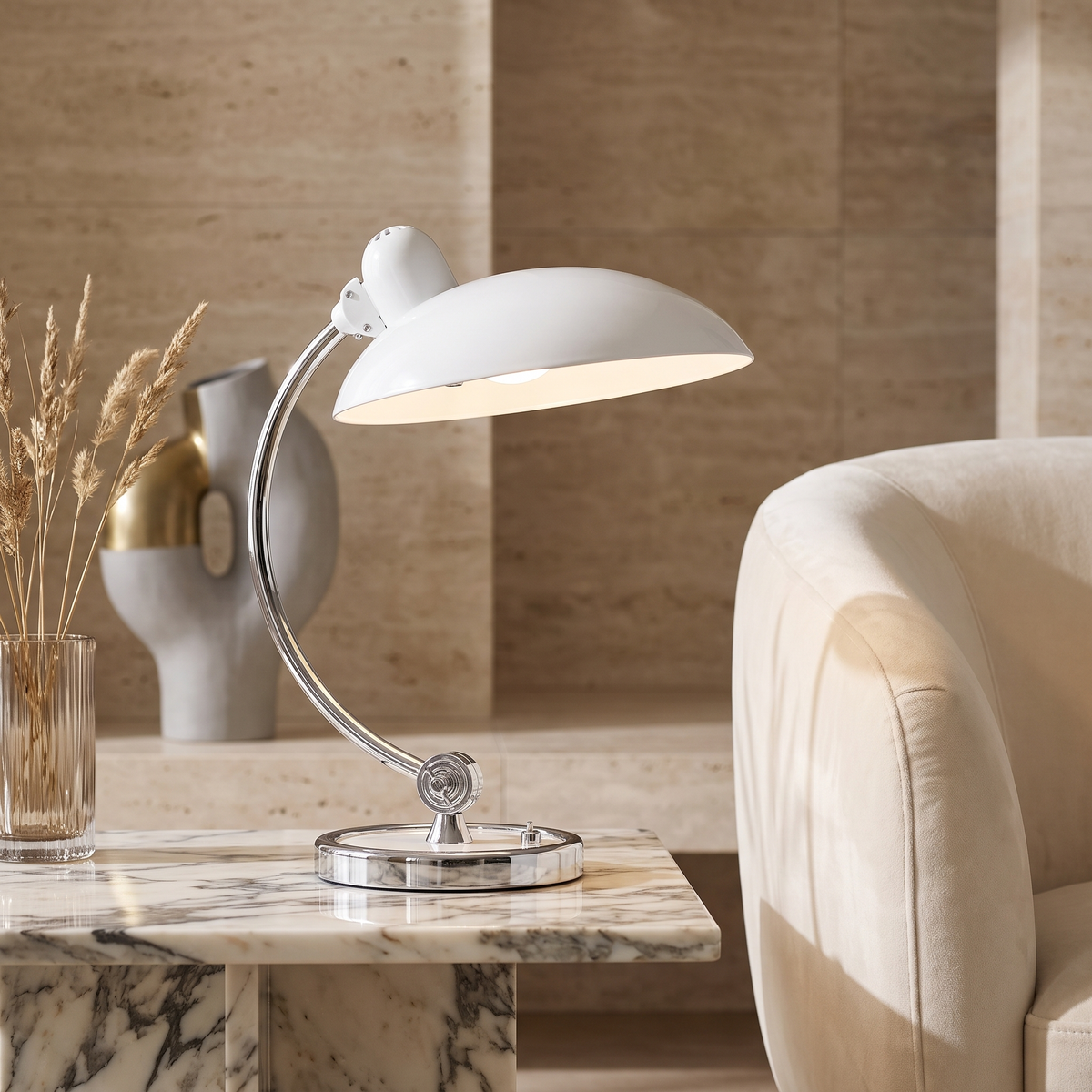 ScandiArc Curved Metal Table Lamp with Domed Shade – White
