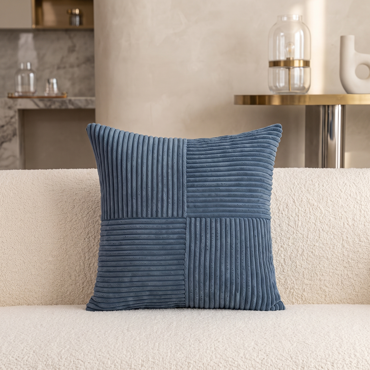 Corduroy Cushion Cover with Striped Texture – Blue
