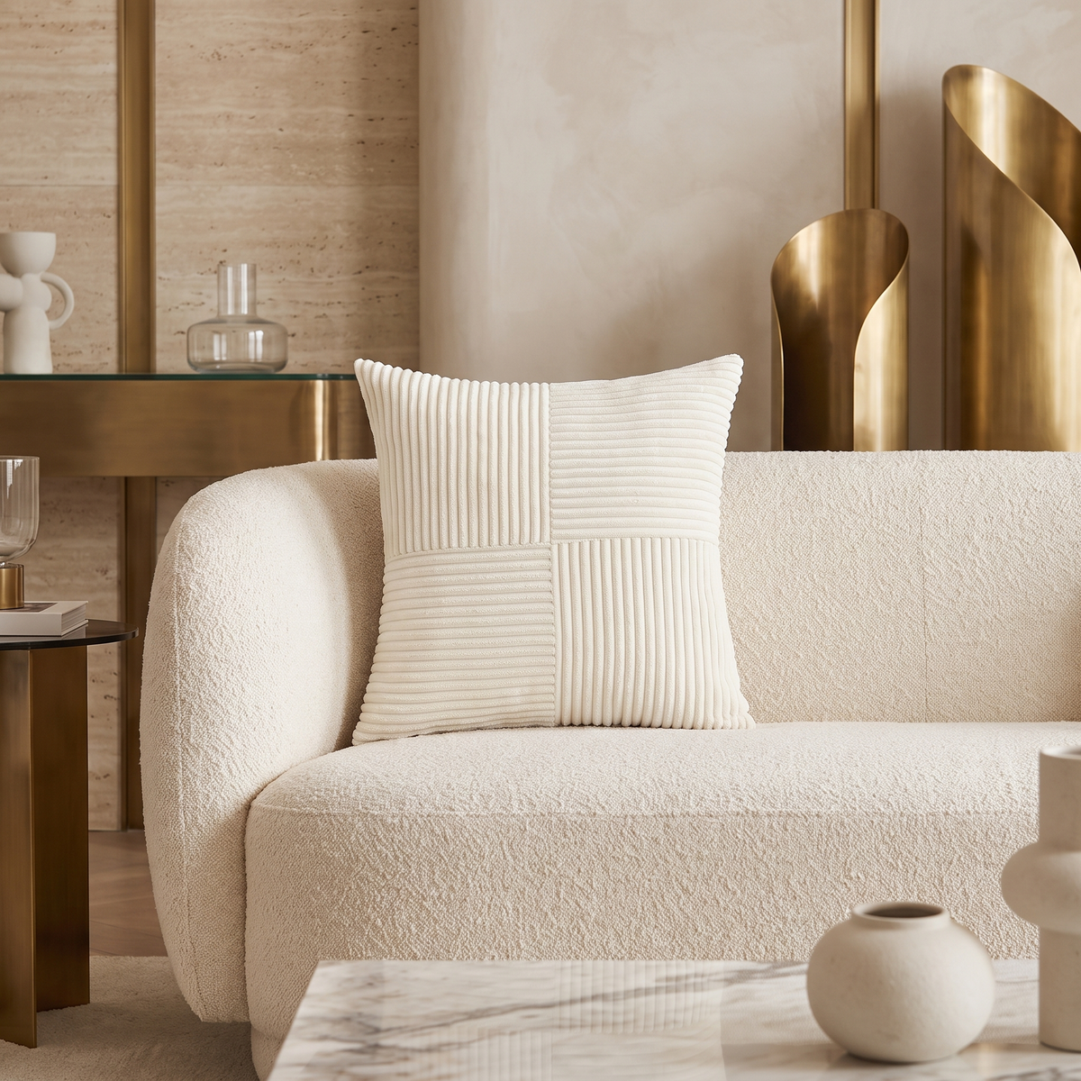 Corduroy Cushion Cover with Striped Texture – White