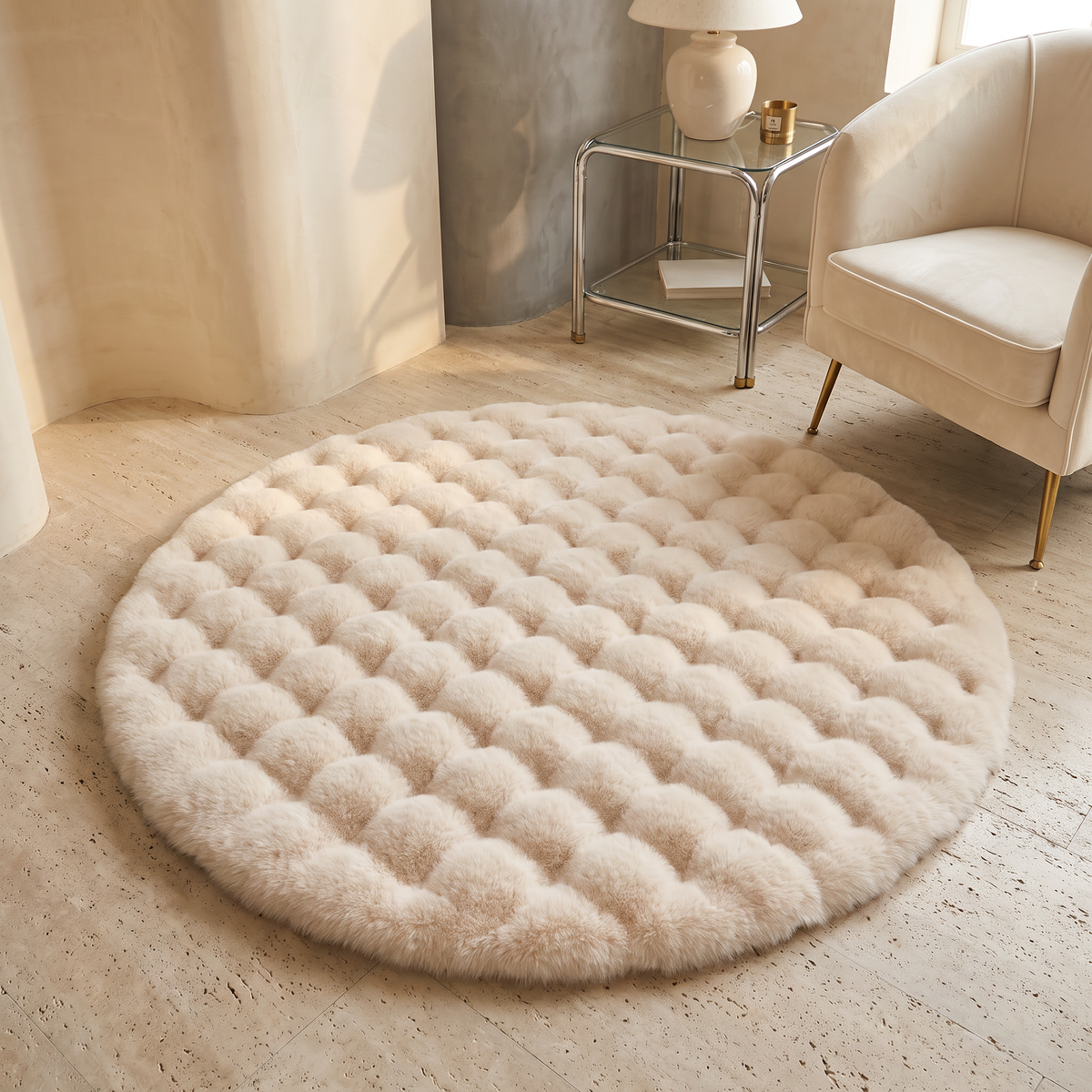 Cloud Comfort Round Bubble Rug in Soft Fleece – Beige
