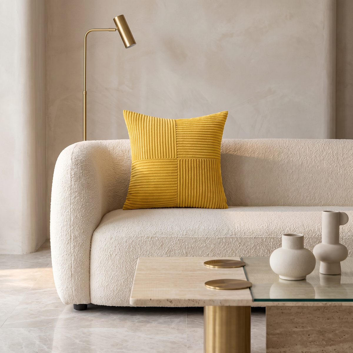 Corduroy Cushion Cover with Striped Texture – Yellow