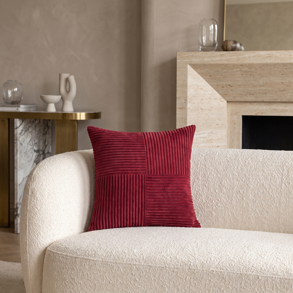 Corduroy Cushion Cover with Striped Texture – Wine Red