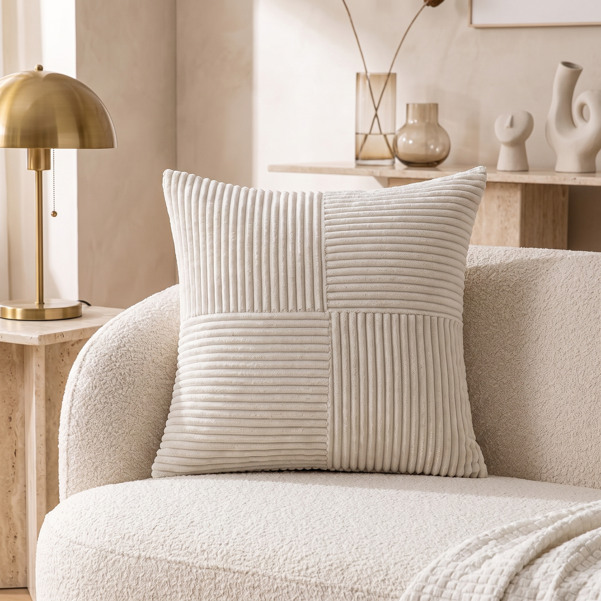 Corduroy Cushion Cover with Striped Texture – Beige