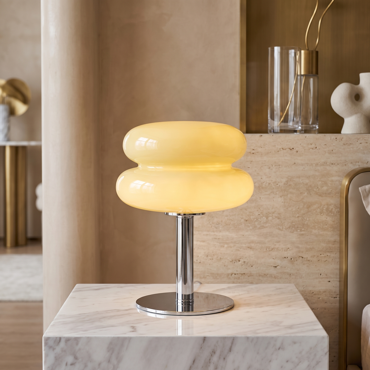 Italian Designer Glass Table Lamp with Chrome Base – Yellow
