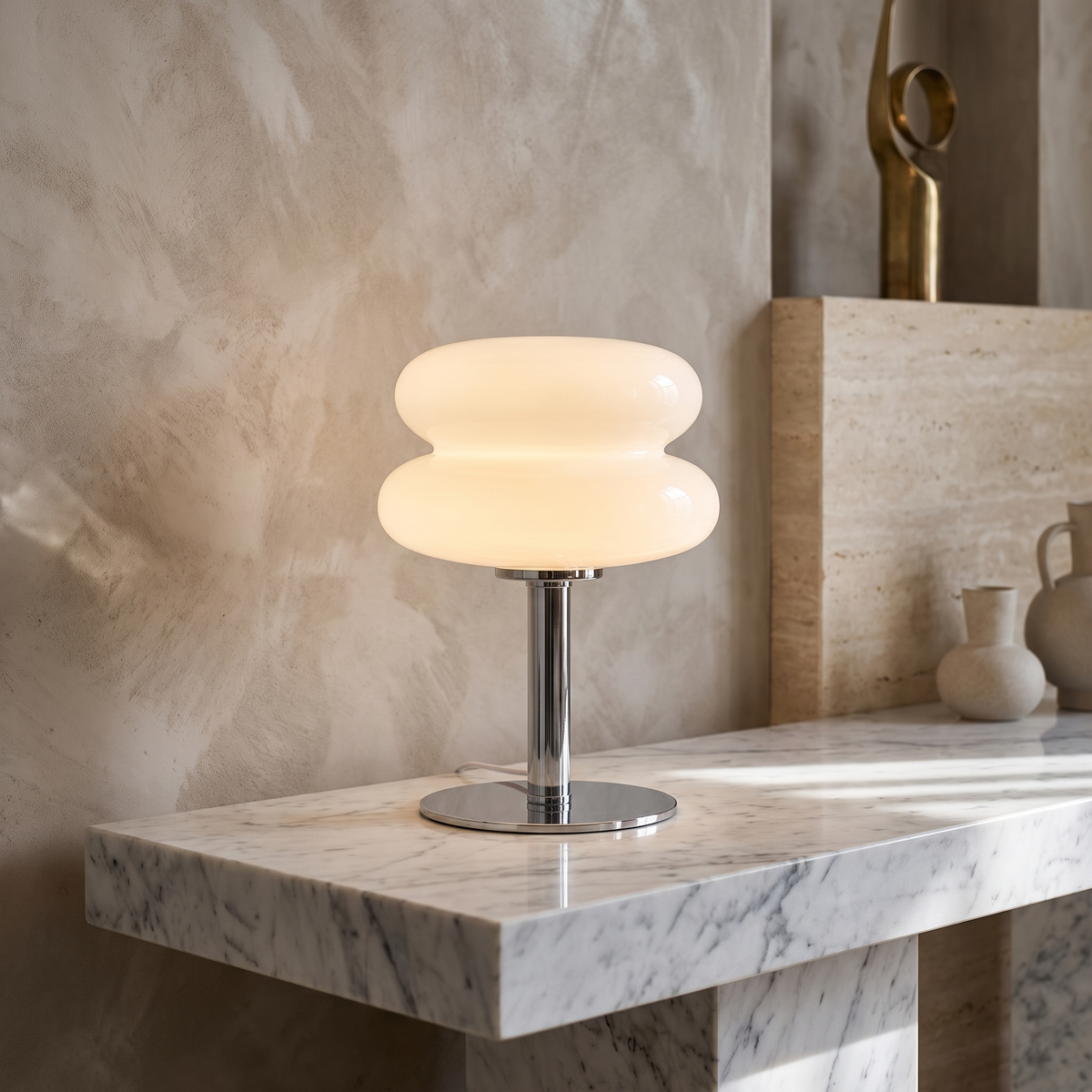 Italian Designer Glass Table Lamp with Chrome Base – White