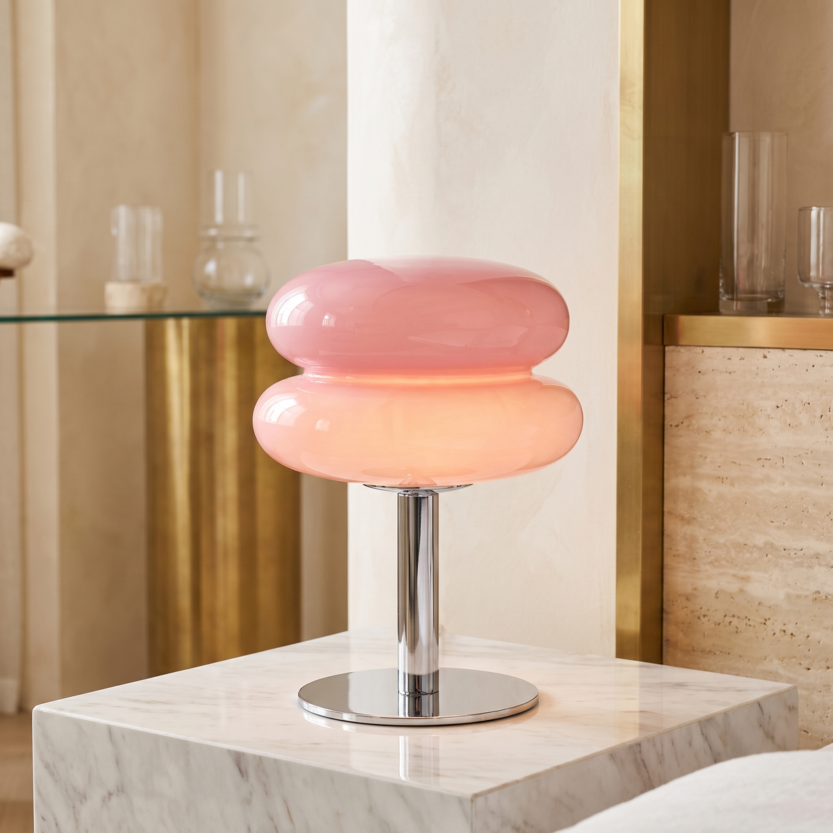 Italian Designer Glass Table Lamp with Chrome Base – Pink