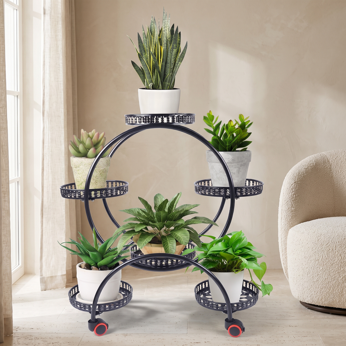 Six Tier Metal Plant Stand with Wheels – Black