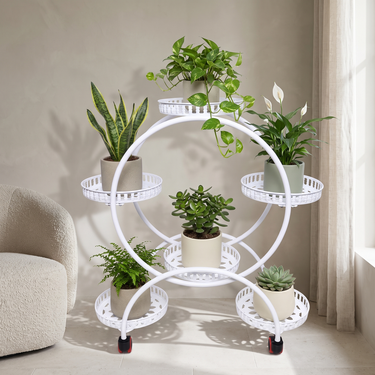 Six Tier Metal Plant Stand with Wheels – White