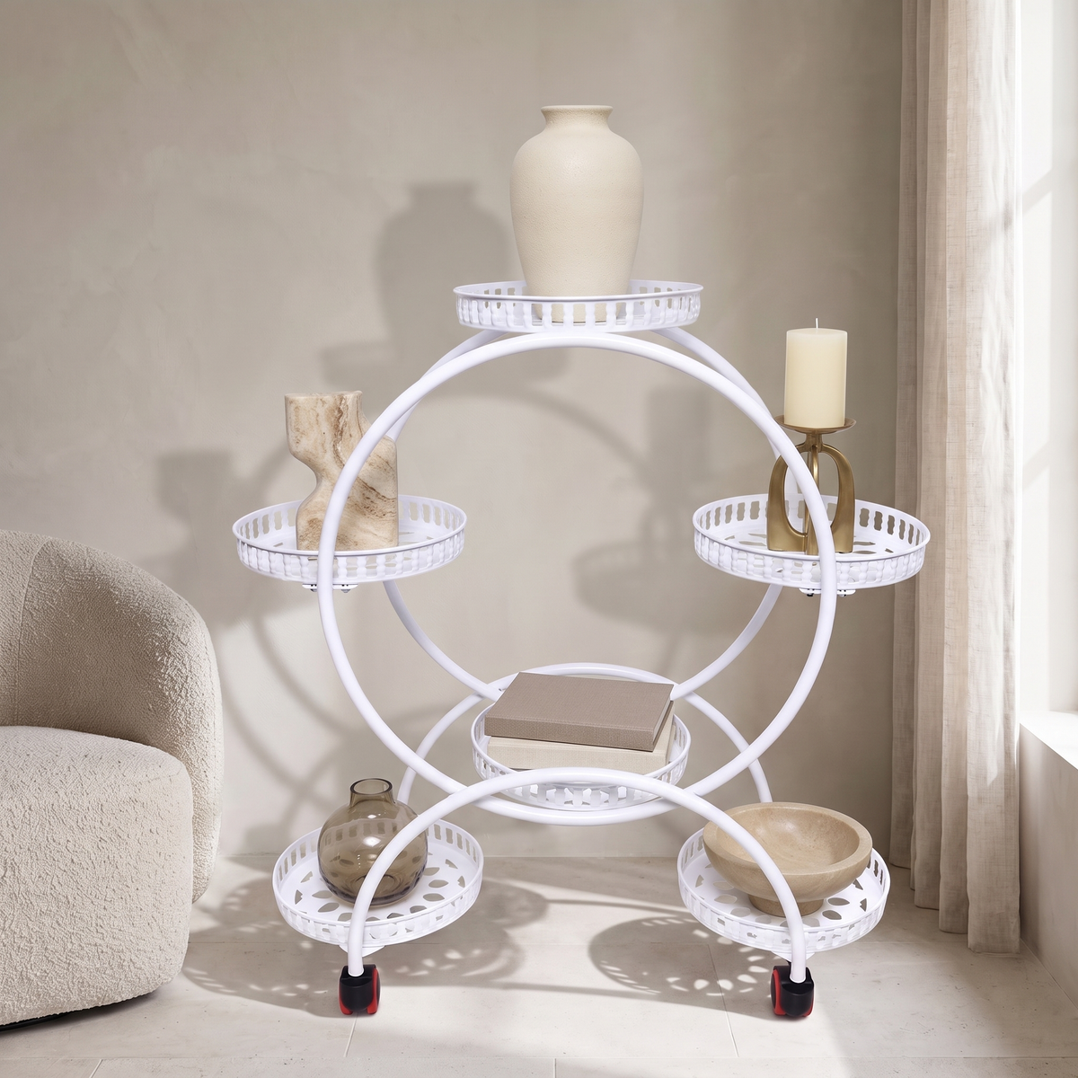 Six Tier Metal Plant Stand with Wheels – White, styled with decor