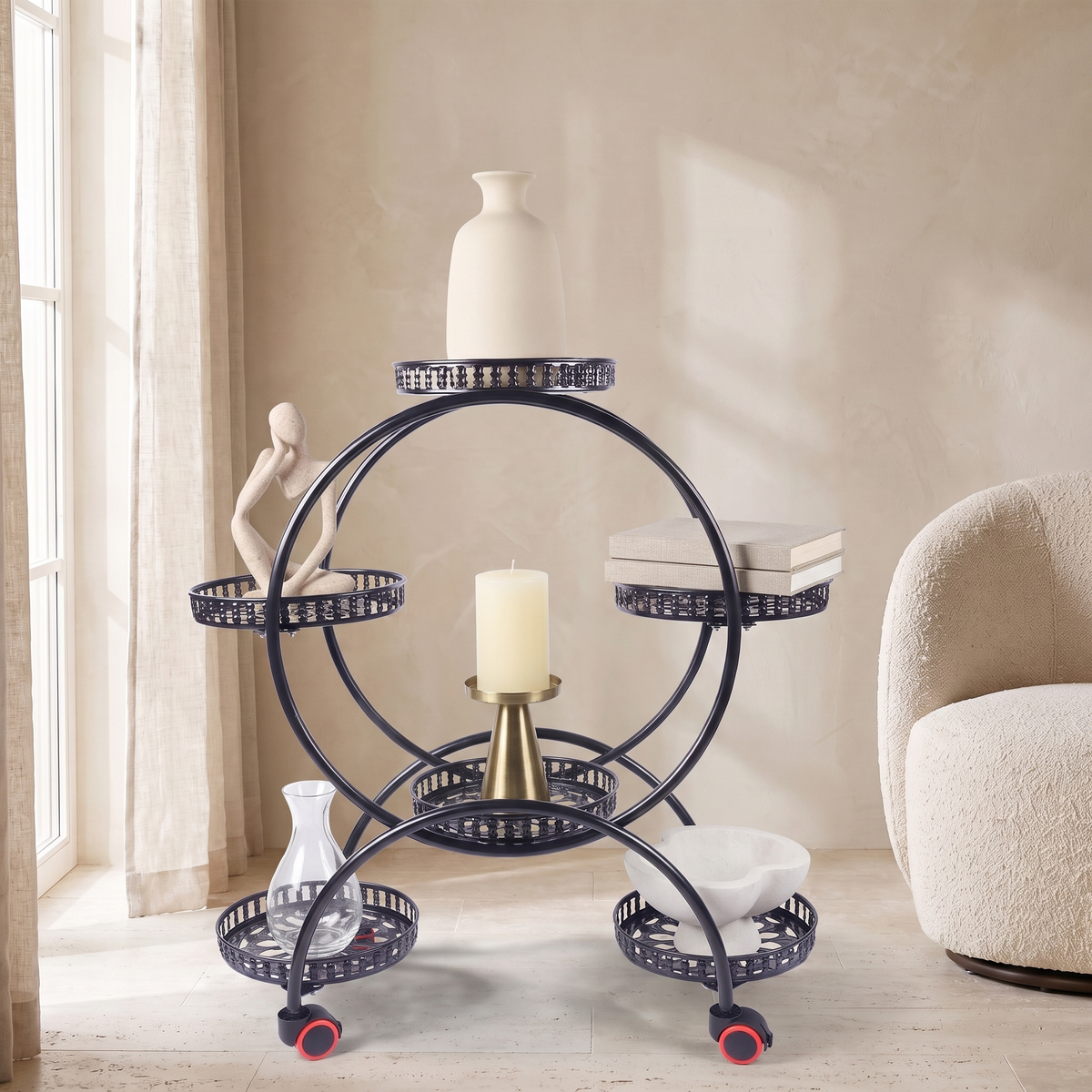 Six Tier Metal Plant Stand with Wheels – Black, styled with decor