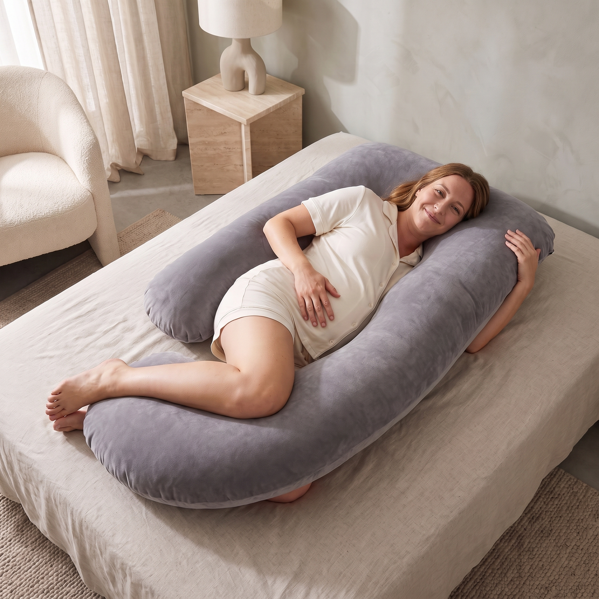 How to use the U-shape pregnancy pillow – pregnant woman lying on her side inside the U
