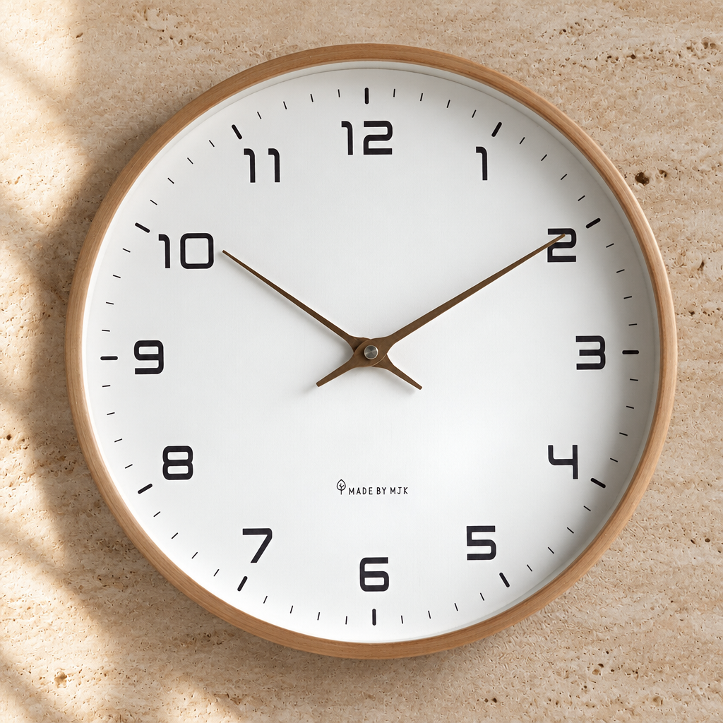 Nordic wall clock with light wood frame, white dial and brass hands on a warm travertine wall