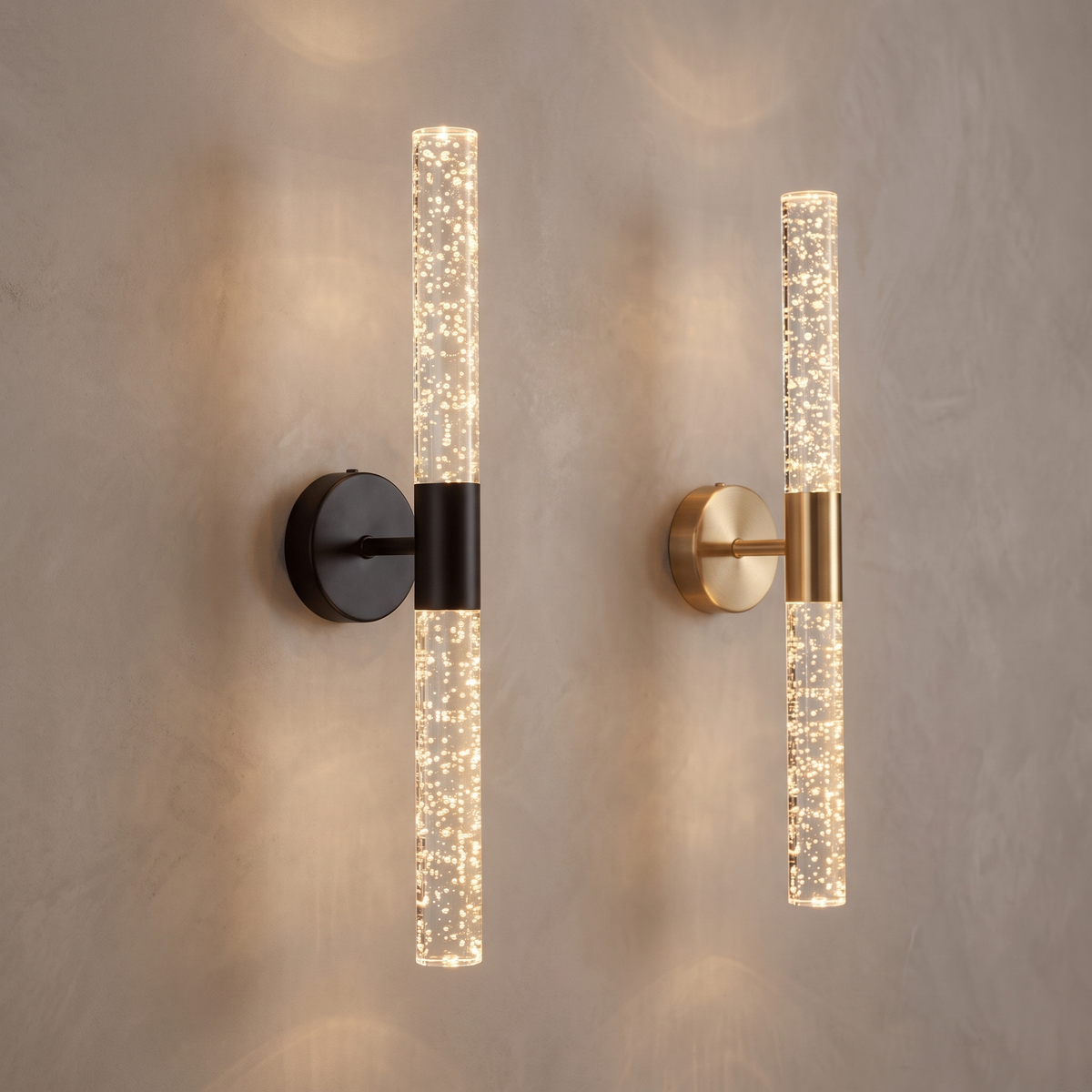 Rowan Radiant bubble crystal LED sconce in black and gold finishes side by side