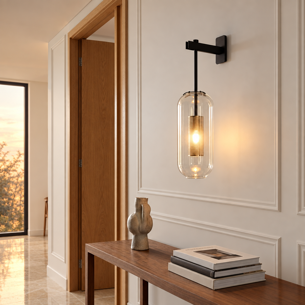 Bellamy black glass column wall sconce on a white panelled wall in a luxury hallway