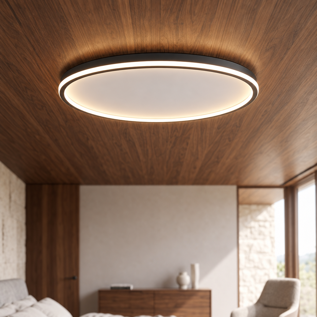 Ashby slim oval LED flush ceiling light close-up in a walnut-ceilinged bedroom
