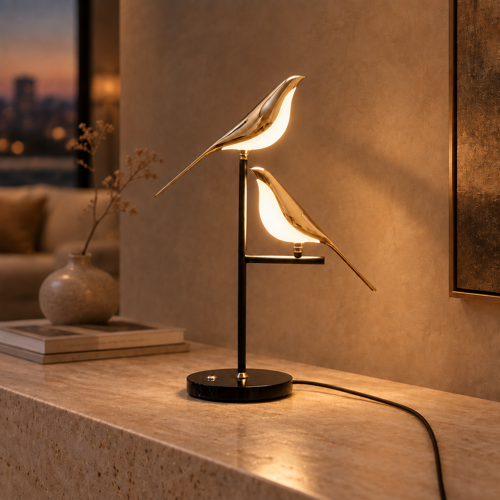 Golden Birdlight LED table lamp with two gold birds, lit on a travertine console in a modern luxury living room