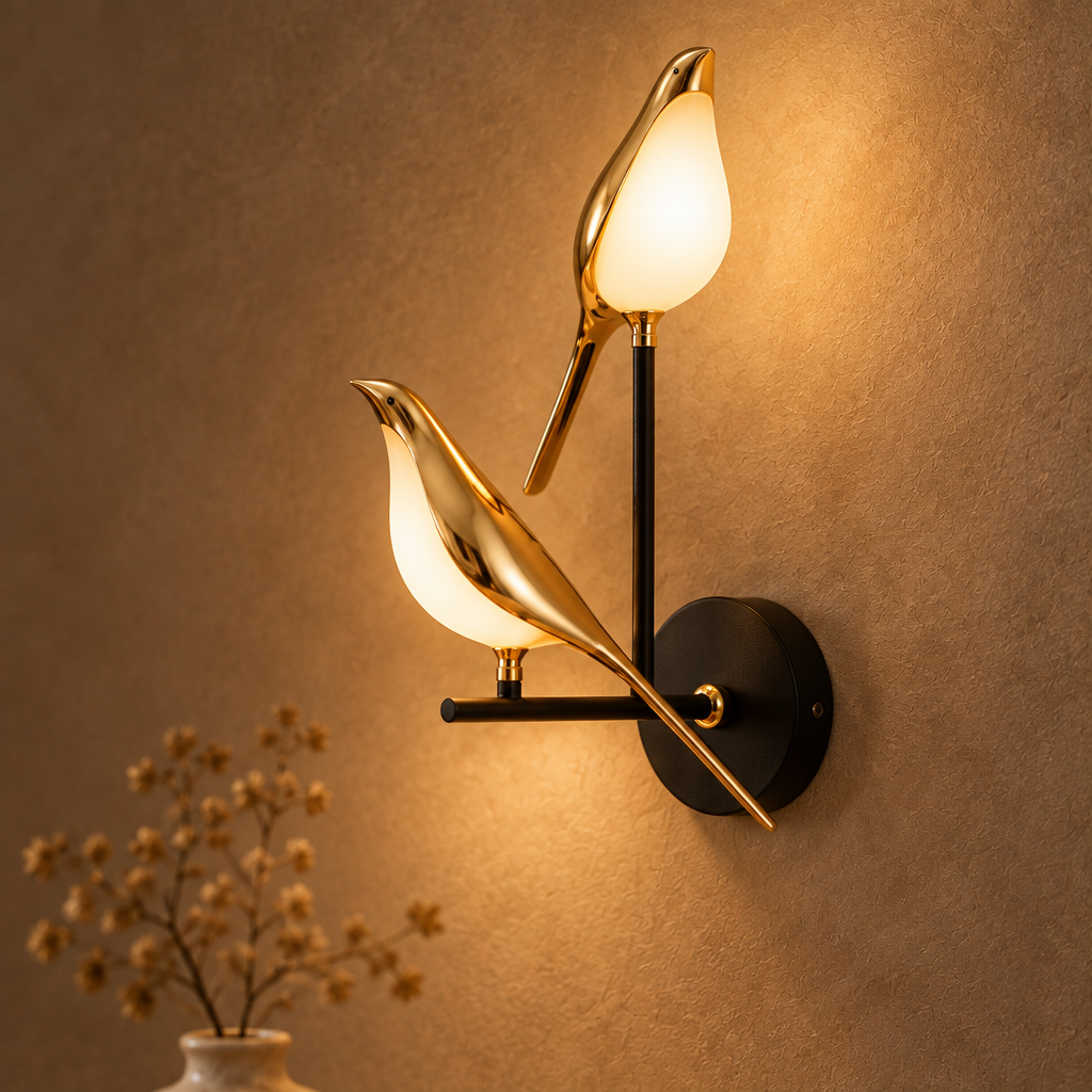 The Bird gold wall light, two bird version, lit on a warm plaster wall in a modern luxury hallway
