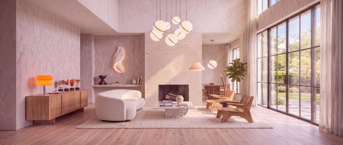 Sunlit modern luxury living room styled with Loom Row lighting and decor