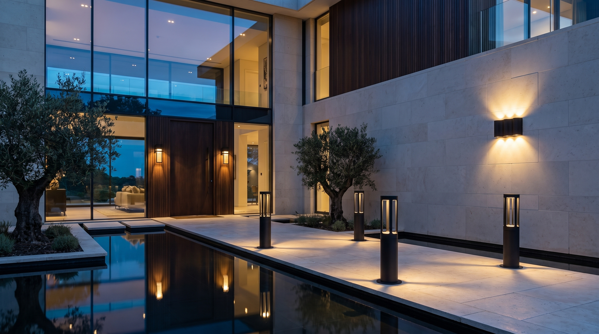 Loom Row outdoor lighting on a modern luxury house entrance at dusk