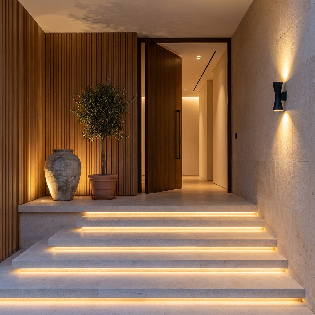 Modern entrance steps with warm hidden lighting and olive tree
