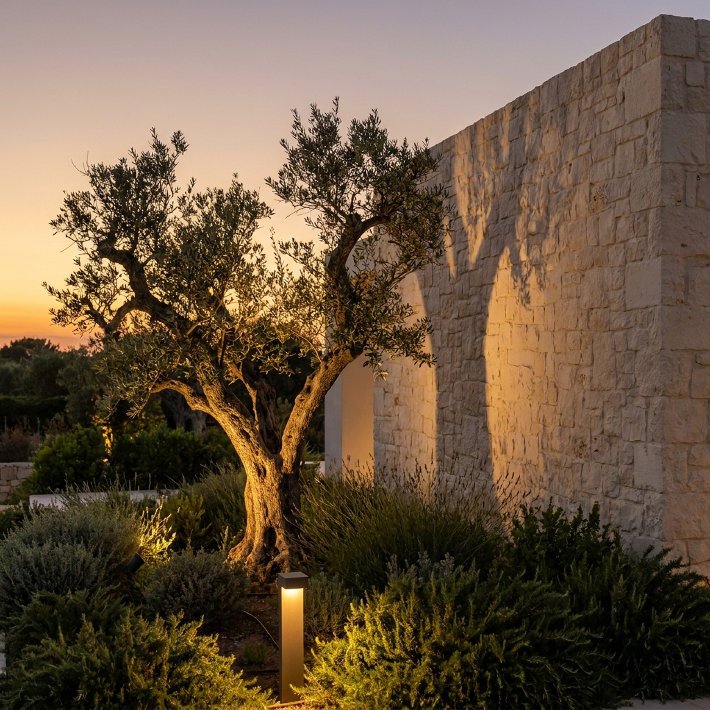 Uplit olive tree against limestone wall at sunset
