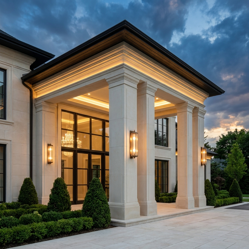 Grand cream stone entrance with warm lanterns