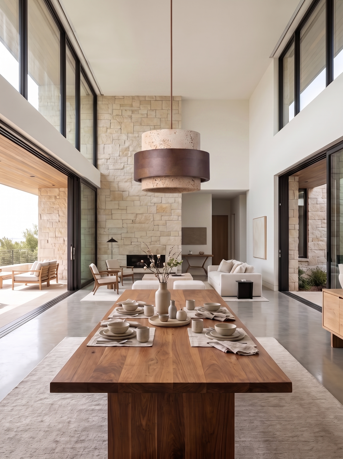 Perra travertine and walnut pendant light hanging over a walnut dining table in a double-height stone-walled room
