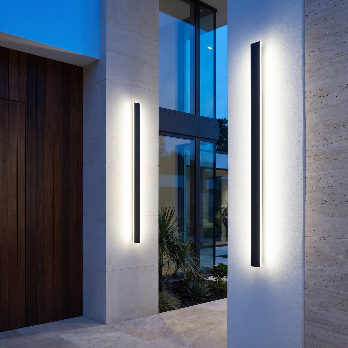 Stratos Linear Outdoor Wall Light in matte black with cool white LED glow on a modern luxury house exterior at dusk