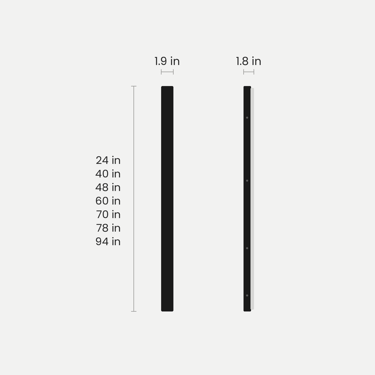 Stratos Linear Outdoor Wall Light size guide: 1.9 in wide, 1.8 in deep, lengths 24, 40, 48, 60, 70, 78 and 94 in